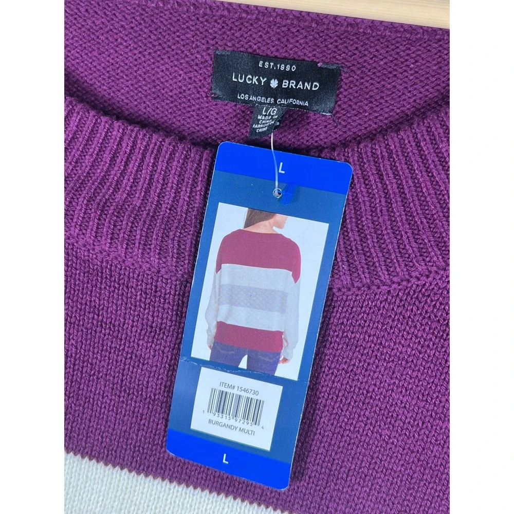 NWT Lucky Brand Womens Striped Boat Neck Long Sleeve Pullover Sweater Burgundy L